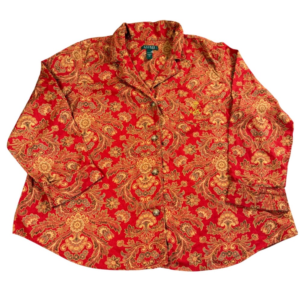 Lauren Ralph Lauren Pajama Top Women 2X Sleepwear Red Paisley Cotton Crest Logo